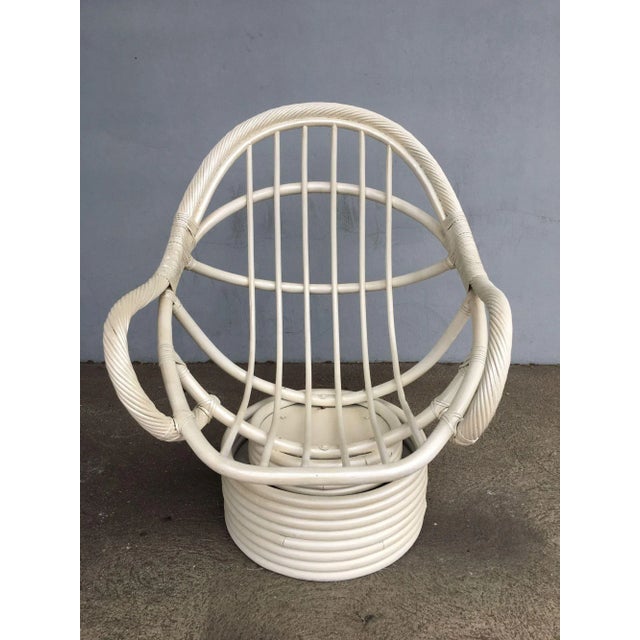 Yellow Restored White Rattan Bucket Lounge Chair With Swivel Base For Sale - Image 8 of 11