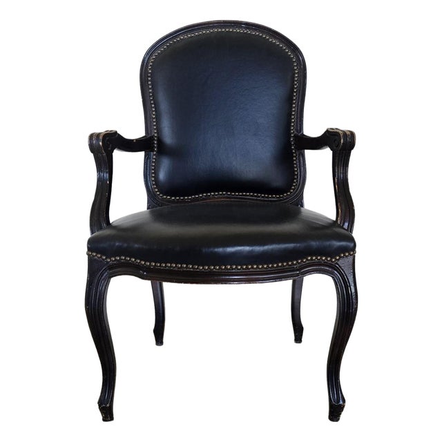 1970s French Louis XV Style Leather Fauteuil Arm Chairs With Leather Upholstery, 2 Pieces For Sale