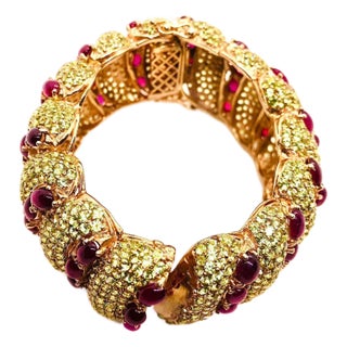 Bochic "Capri" Vintage Natural Ruby & Peridot Bangle Set In 18K Gold & Silver For Sale