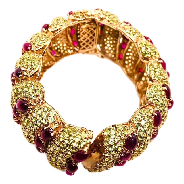 Bochic "Capri" Vintage Natural Ruby & Peridot Bangle Set In 18K Gold & Silver For Sale