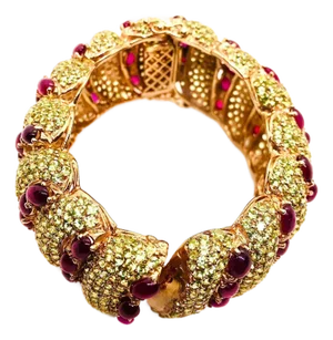 Bochic "Capri" Vintage Natural Ruby & Peridot Bangle Set In 18K Gold & Silver