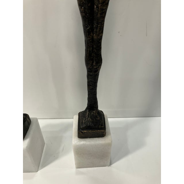 Brutalist Vintage Pair of Iron Giacometti Inspired Figures on Marble For Sale - Image 3 of 7