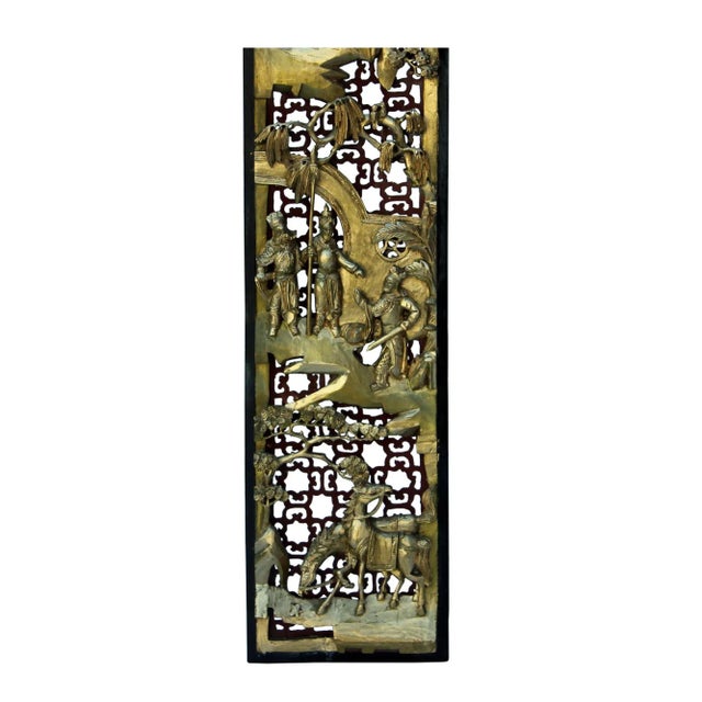 Wood 3d Golden Lacquer Wood Carving "Story of Ancient Warriors Iv" Wall Panel For Sale - Image 7 of 8