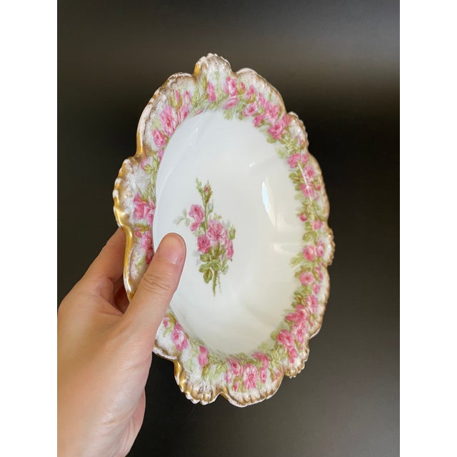Antique Jean Pouyat Limoges Large Serving Bowl With Pink Roses For Sale - Image 11 of 14