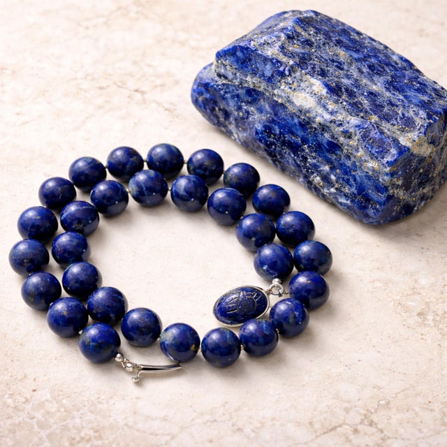 Metal Lapis Lazuli Beaded Necklace With Vintage Sterling Silver Scarab Clasp For Sale - Image 7 of 7
