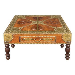 Mid-Century Anglo-Indian Carved Teak and Brass Coffee Table For Sale
