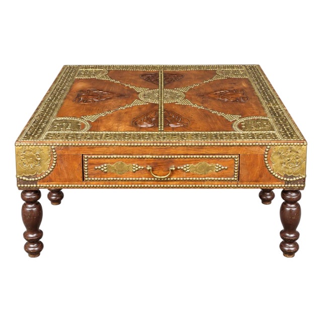 Mid-Century Anglo-Indian Carved Teak and Brass Coffee Table For Sale