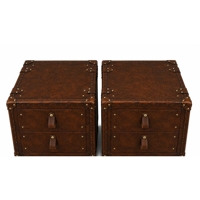 Vintage Style Leather Nightstand Set of 2, Cognac Brown Bedside Tables, Trunk Style Side Table, Handmade Rustic End Table, Luxury Bedroom Storage For Sale - Image 4 of 9