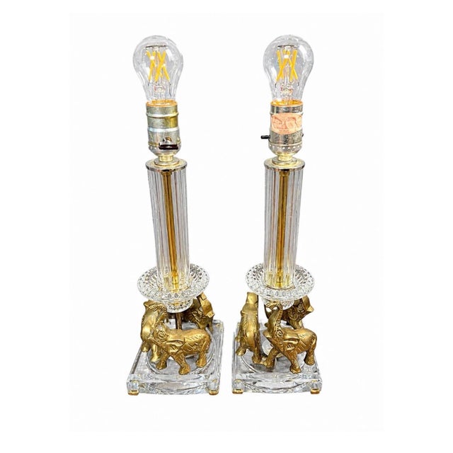 Vintage Brass Elephant Table Lamps Pair Crystal Glass Hollywood Regency - a Pair For Sale - Image 4 of 10