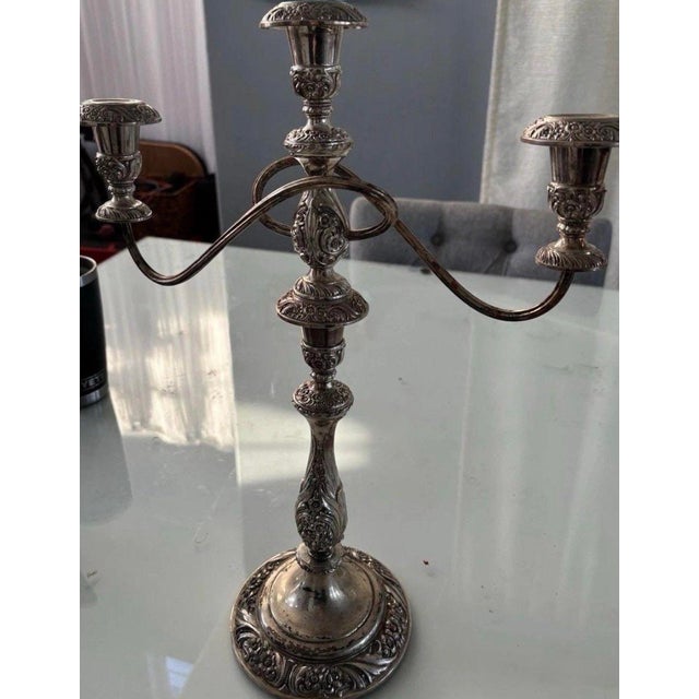Vintage Heritage Rogers Bros Ornate Silverplate 3-Arm Candelabra Pair For Sale - Image 11 of 11