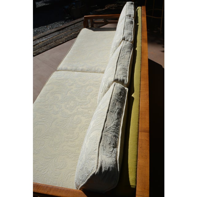Vintage Baker Style Asian / Ming Fretwork Elmwood Wood Couch W/ White Embossed Cushions For Sale - Image 9 of 18