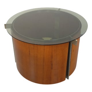 Vintage Italian Round Coffee Table with Swivel Bar on Casters in Curved Teak, Cast Aluminum and Smoked Glass by Eugenio Gerli for Tecno, 1960s For Sale