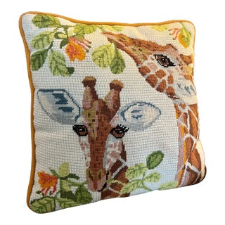Vintage Giraffe Needlepoint Pillow For Sale