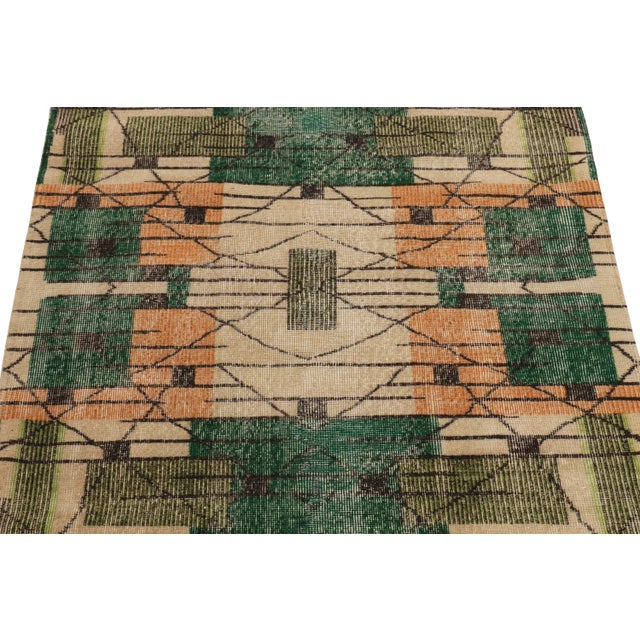 1960s Vintage 1960s Art Deco Rug in Beige With Orange, Green, Black Geometric Pattern For Sale - Image 5 of 7