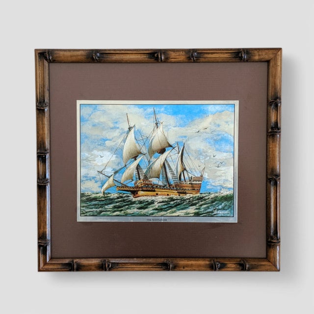 American Vintage Nautical Clipper Ship Color Foil Prints Framed in Faux Bamboo Frames- A Pair For Sale - Image 3 of 11