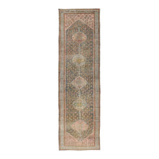 Antique Persian Gallery Malayer Rug With Geometric Design in Gray-Blue and Pink For Sale