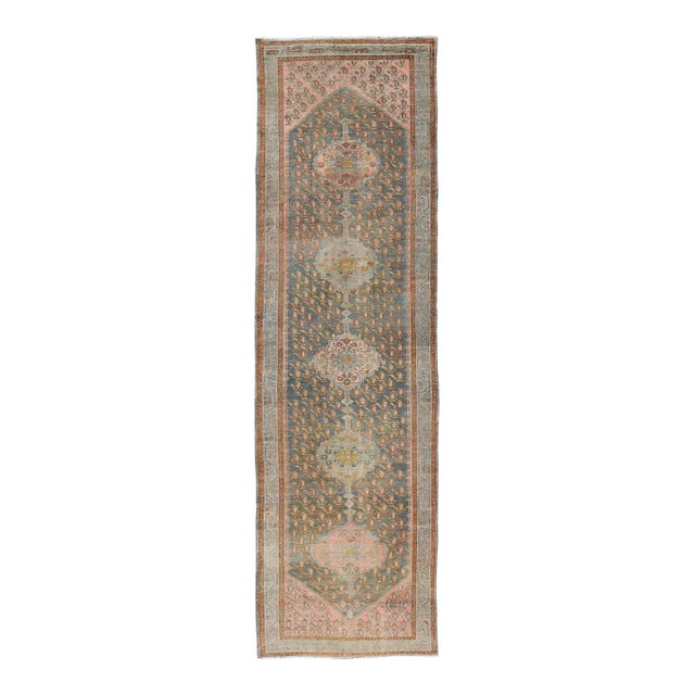 Antique Persian Gallery Malayer Rug With Geometric Design in Gray-Blue and Pink For Sale