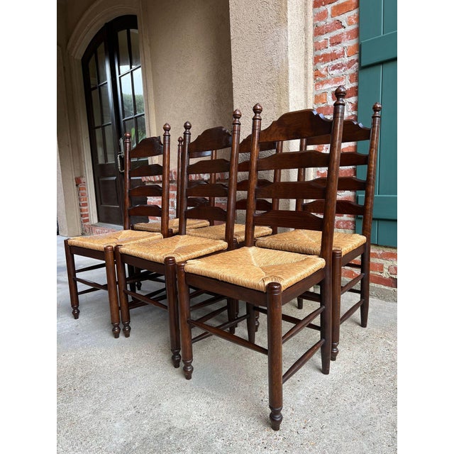 English Vintage English Dining Chairs Set 6 Oak Ladder Back Rush Seat Woven For Sale - Image 3 of 18
