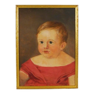 Antique 19th Century American Federal Folk Art Oil Painting - Child Portrait of a Young Girl in a Red Dress For Sale