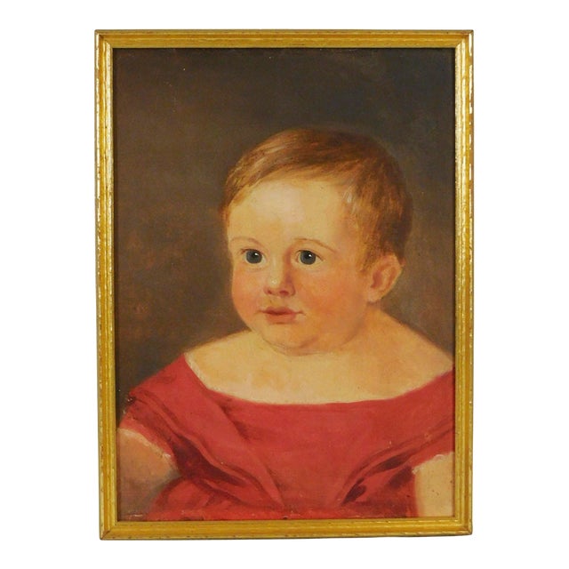 Antique 19th Century American Federal Folk Art Oil Painting - Child Portrait of a Young Girl in a Red Dress For Sale