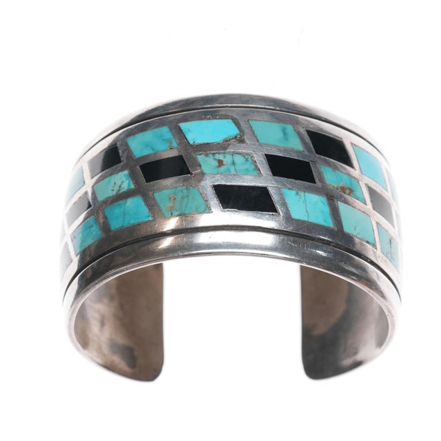 6.75" Kee Joe Benally Navajo Sterling - Turqoise & Jet Inlay Cuff Bracelet For Sale - Image 4 of 11