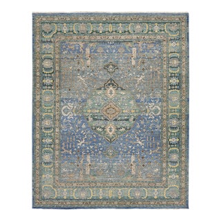 Modern Tabriz Style Medallion Wool Area Rug – Vibrant Blue, Sage Green & Yellow For Sale