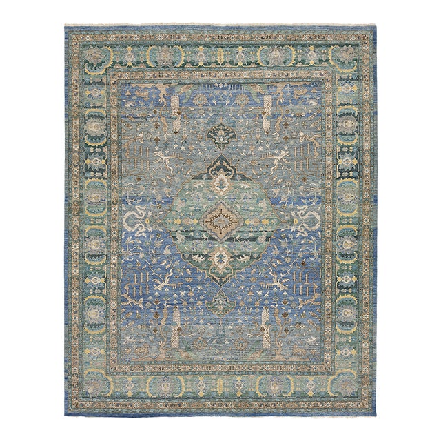 Modern Tabriz Style Medallion Wool Area Rug – Vibrant Blue, Sage Green & Yellow For Sale