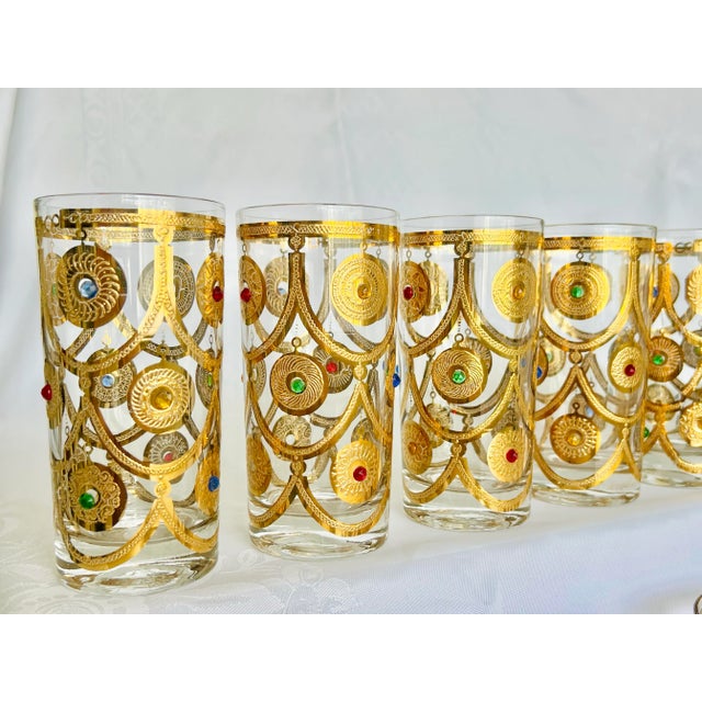 Vintage Rare Mid-Century Culver Ltd. “Jeweled Ornaments” 22k Gold Glassware Set – 12 Pieces (7 Highball, 5 Whiskey) For Sale In Miami - Image 6 of 12