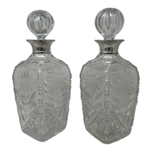 Pair Mid Century Full Lead Crystal Sterling Silver Spirits Wine Decanters, 1966