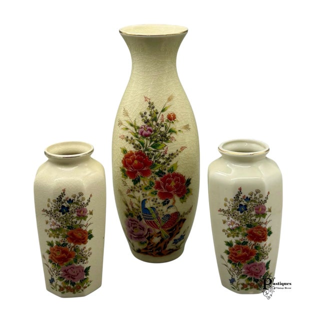 Vintage Set of 3 Satsuma Style Japanese Vases featuring High Quality Craftsmanship, Crackle Glaze, Gold Rims, and Floral...