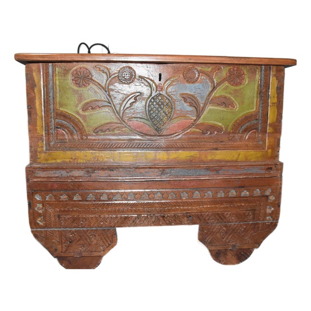 Antique Hand-Carved Painted Wooden Chest / Hutch on Wheels For Sale