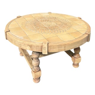 Vintage Round Carved Wood Coffee Table With Tiled Inlay Top For Sale
