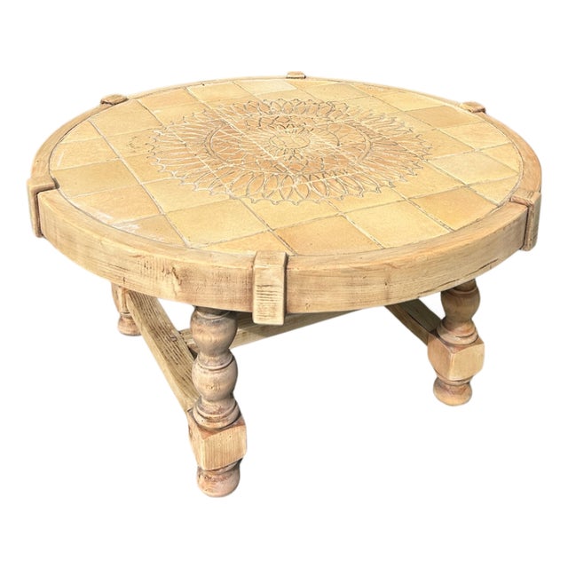 Vintage Round Carved Wood Coffee Table With Tiled Inlay Top For Sale