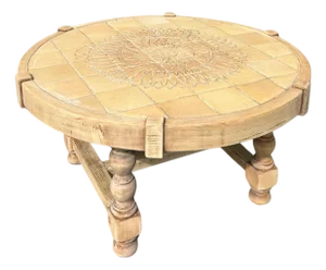 Vintage Round Carved Wood Coffee Table With Tiled Inlay Top