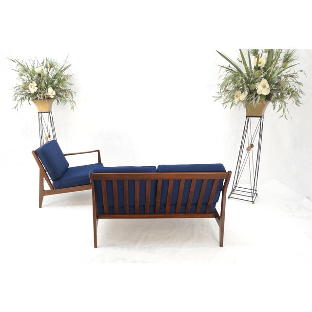 Danish Mid-Century Modern New Upholstery Walnut Frames Sofa & Chair Set Mint! For Sale - Image 6 of 15