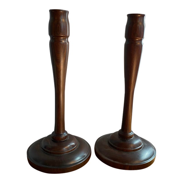 20th C. Pair of Mid-Century Modern Tall Turned Rosewood Candle Holders For Sale