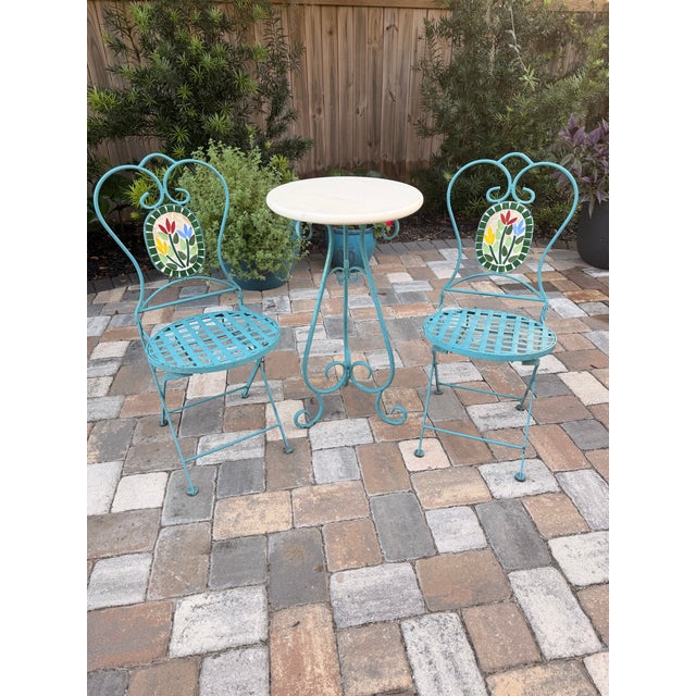 Vintage Turquoise Iron Garden Bistro Set With Floral Mosaic Folding Chairs For Sale In Charleston - Image 6 of 12