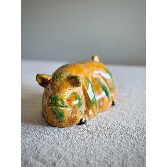 Ceramic Vintage Camark Yellowware Pig Figurine Hand-Painted American Folk Art Pottery Ceramic Sculpture For Sale - Image 7 of 8