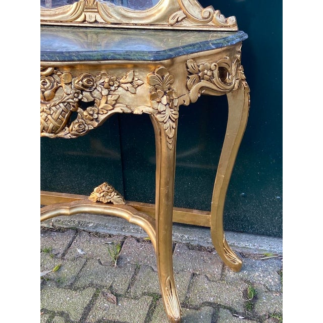 1920s French Louis XVI Gilt Beech Marble Console Table & Mirror – 2 Pc For Sale - Image 9 of 10