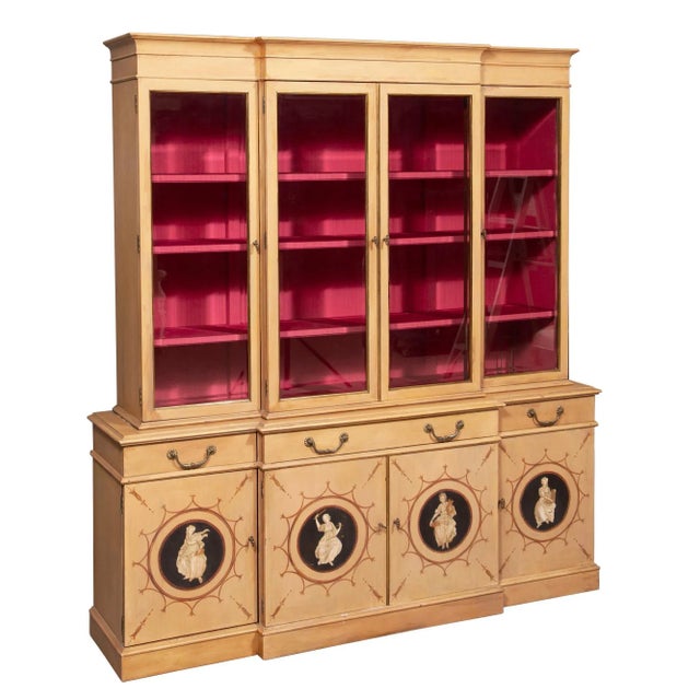 Introducing our exquisite 19th-century Neoclassical Style Hand-Painted & Decorated Front Breakfront/Secretary Bookcase, a...