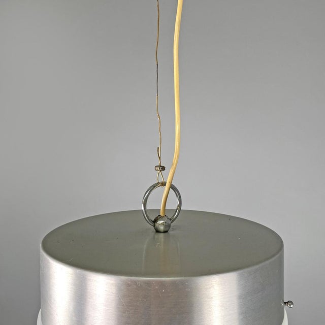 Silver Italian Modern Round Base Pendant in Aluminum with White Glass Band, 1970s For Sale - Image 8 of 18