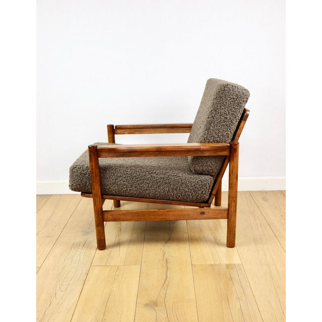 Animal Skin Vintage Wooden Armchair in Chocolate Brown Boucle Lamb from Z. Baczyk For Sale - Image 7 of 12
