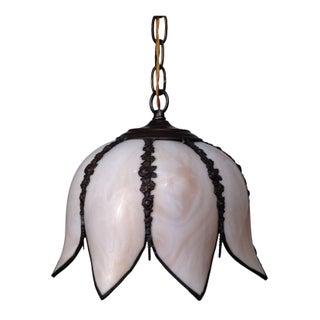 Slag Glass Tulip Shaped Pendant Light For Sale