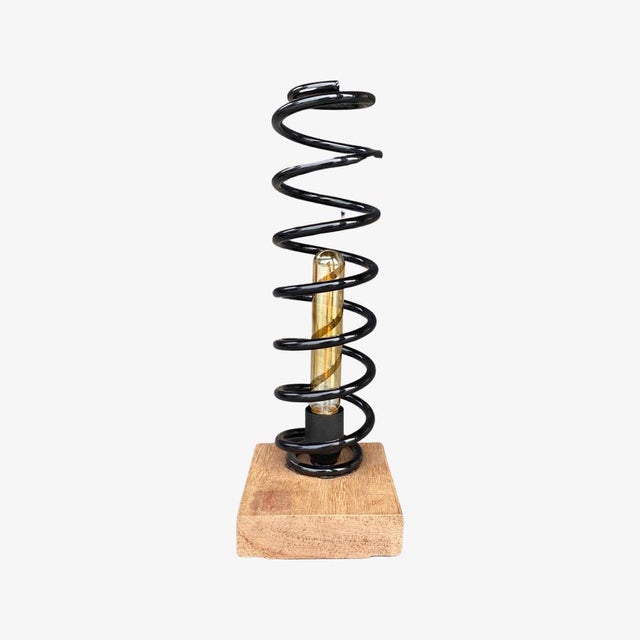 Vintage Spring Lamp in Black Metal with Wooden Base, 2000s | Chairish