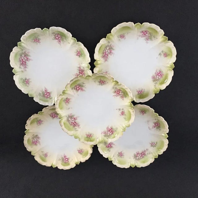 Beautiful antique porcelain set of five floral dessert or bread plates, no makers mark, They are in very good condition.