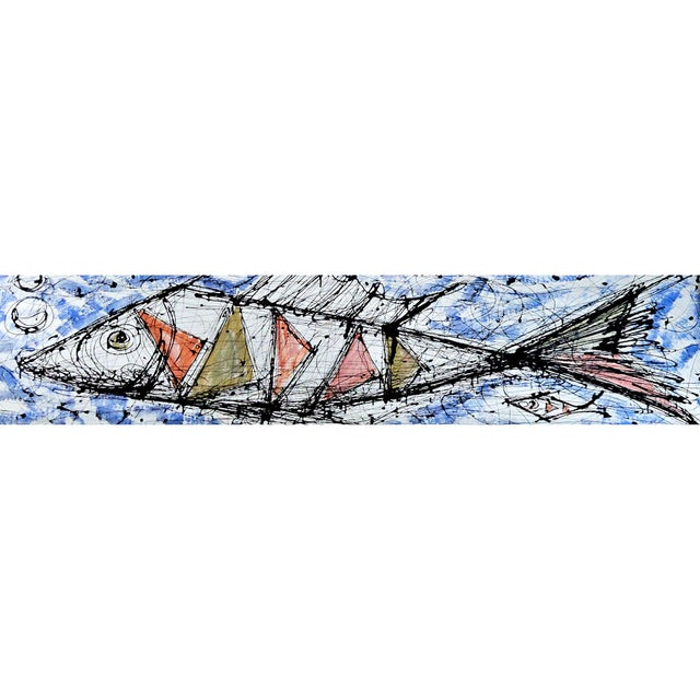 Mid-Century Modernist Painting of Stylized Fish and Sailfish Yachts For Sale - Image 10 of 10