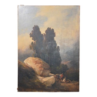 Antique Romantic Landscape Oil Painting With Figures and Rocky Scenery For Sale