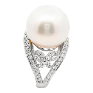 15mm South Sea Pearl Diamond 18k White Gold Butterfly Ring Size 6.75