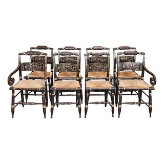 Set of 8 19th Century Hitchcock Style Windsor Chairs Black Harvest Stenciled For Sale