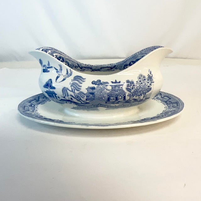 Ridgway Porcelain Antique English Ridgway Porcelain Blue Willow Gravy Boat With Attached Underplate. For Sale - Image 4 of 9